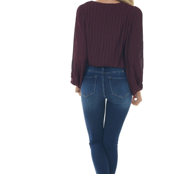 Plum Surplice Long Sleeve Pleated Blouse - Picture 2 of 5